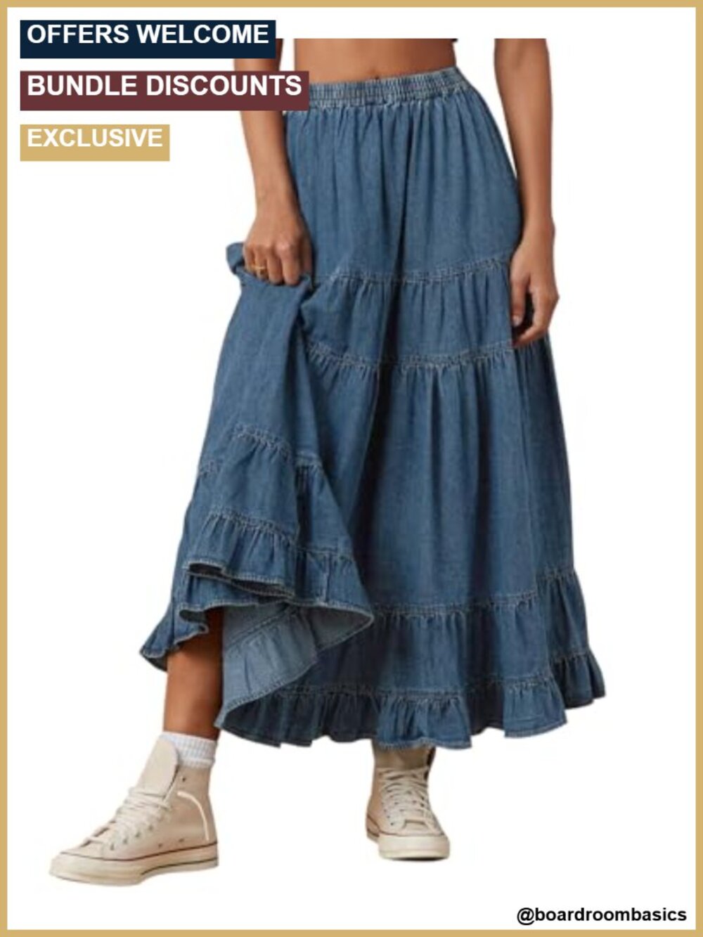 Women's Denim Maxi Skirt Tiered Ruffle Swing Jean Skirt with Pockets